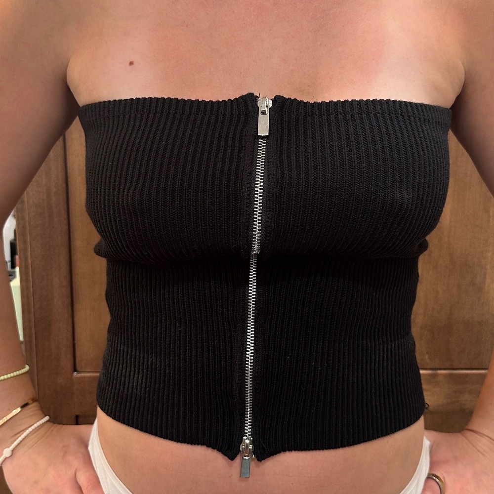 NIA Black‎ Ribbed Knit Full Zip Front Tube Top Strapless Bodice Small